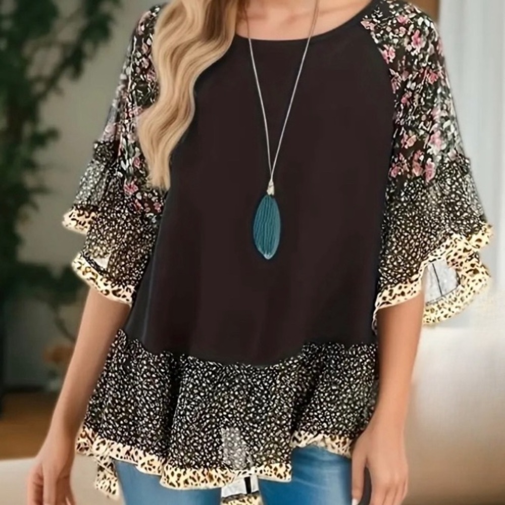 Women’s Floral Boho Crew Neck Top, Black, Size Large